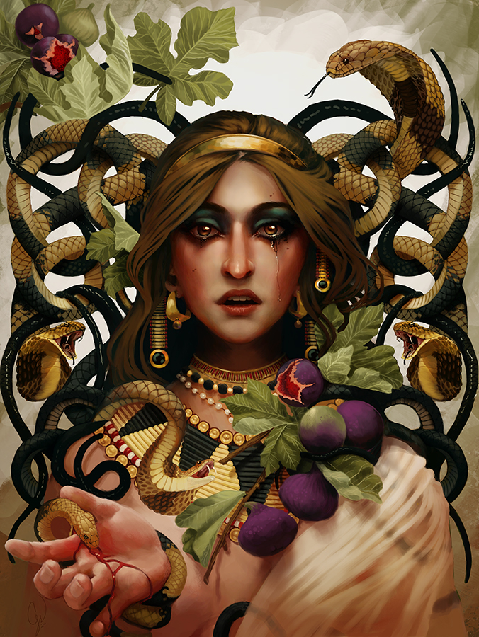 Cleopatra — original painting by Cadhla. She reaches forward, an asp at her bitten hand, figs and a halo of woven serpents around her.